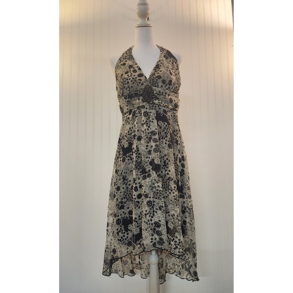 Speechless Floral High Low Halter Dress Black Cream Beaded Size 13 Glam Luxury